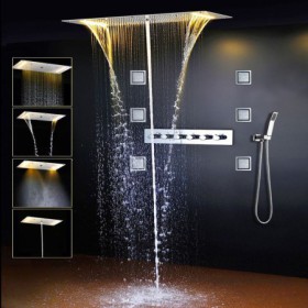 Ceiling Mount LED Thermostatic Shower Head and 6 Body Sprays (Warm White)