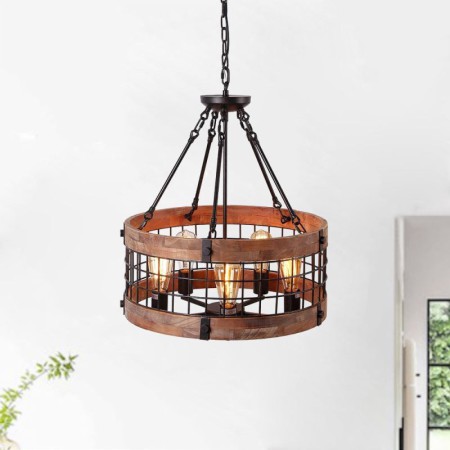 5 Light Cage Shade Light Fixture Living Room Kitchen Retro Circular Wood Pendant Lamp