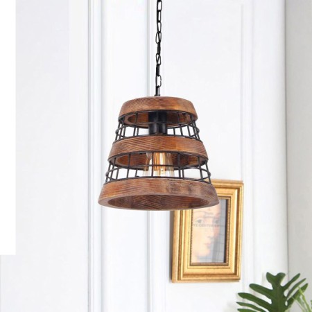 Kitchen Island Office Retro Style Wood Pendant Lamp Single Light Hat Shape Light Fixture