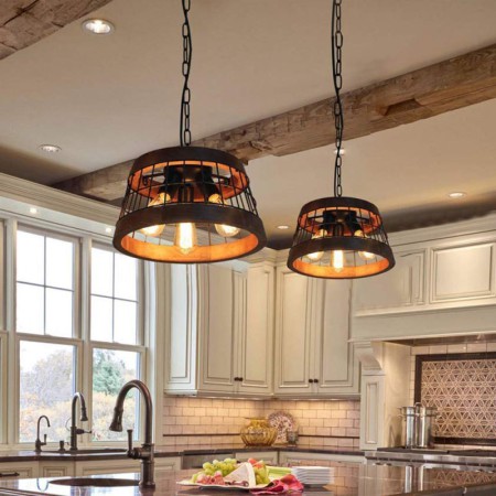 3 Light Decor Light Fixture Kitchen Island Living Room Vintage Wood+Iron Pendant Lamp