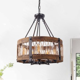 5 Light Cage Shade Light Fixture Living Room Kitchen Retro Circular Wood Pendant Lamp