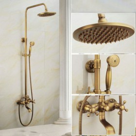 3 Hole 2 Handle Antique Brushed Finish Brass Bathroom Shower Faucet with Handheld Shower Carved Base