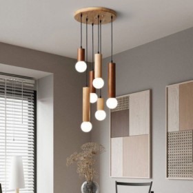 6 Light Hanging Wood Pendant Light For Living Room Bedroom