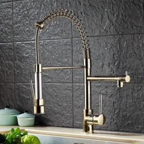 Tall Gold Kitchen Sink Faucet Tap Mixer Dual Spout Pull Down Commercial