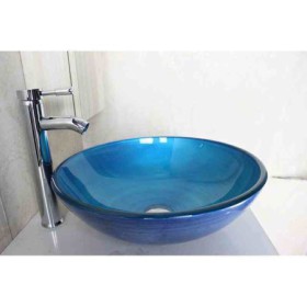 Tempered Glass Basin in a Round Light Blue Swirl Pattern