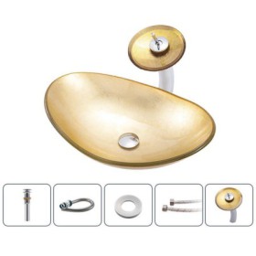 Gold Color Glass Basin Bathroom Countertop Waterfall Vessel Sink Tap Ingot Sink and Faucet Set