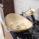 Gold Color Glass Basin Bathroom Countertop Waterfall Vessel Sink Tap Ingot Sink and Faucet Set