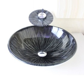 Waterfall Faucet Water Drain and Mounting Ring Modern Round Tempered Glass Bathroom Sink