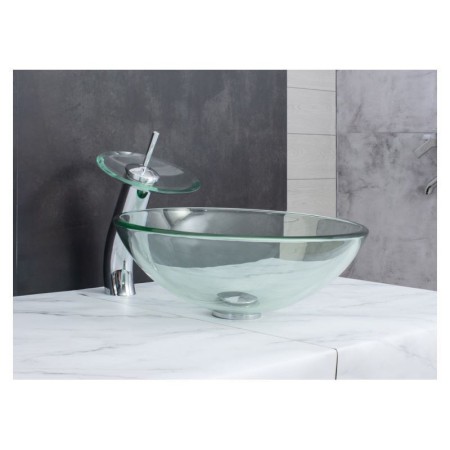 Wash Basin in Clear Tempered Glass with Waterfall Faucet