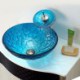 Set of Mediterranean Blue Round Tempered Glass Sink and Waterfall Faucet in Mediterranean Blue