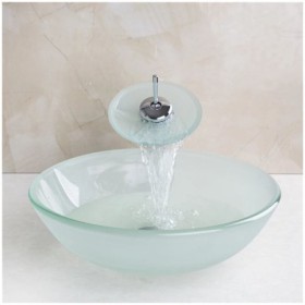 Vessel Sink in Frosted Round Tempered Glass with Waterfall Faucet, Mounting Ring, and Water Drain