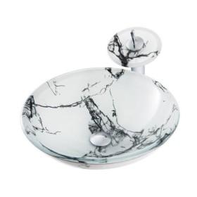 Imitation Marble Glass Basin Bathroom Countertop Waterfall Vessel Sink Tap Round Sink and Faucet Set