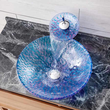 Tempered Glass Bathroom Countertop Waterfall Vessel Sink Tap Round Sink and Faucet Set