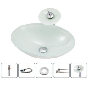 White Oval Basin Tempered Glass Bathroom Countertop Waterfall Vessel Sink Tap Sink and Faucet Set