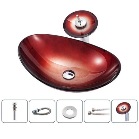 Tempered Glass Bathroom Countertop Waterfall Vessel Sink Tap Gradient Red Sink and Faucet Set