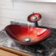 Tempered Glass Bathroom Countertop Waterfall Vessel Sink Tap Gradient Red Sink and Faucet Set