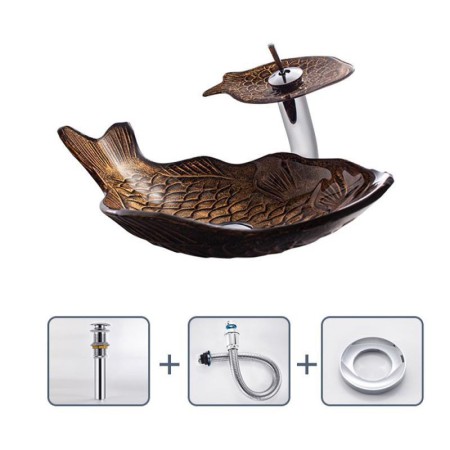 Fish Shape Basin Tempered Glass Bathroom Countertop Kids Vessel Sink Tap Unique Sink and Faucet Set