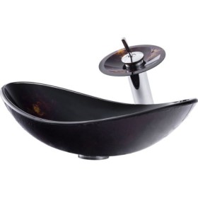 Special Tempered Glass Bathroom Sink with Modern Curved Basin and Waterfall Faucet