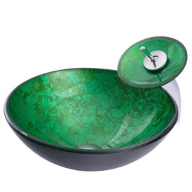 Modern Green Tempered Glass Round Basin Bathroom Sink with Waterfall Faucet