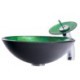 Modern Green Tempered Glass Round Basin Bathroom Sink with Waterfall Faucet