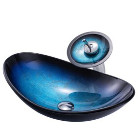 Blue Basin Foil Covered Tempered Glass Bathroom Sink with Waterfall Faucet by Yuanbao Design