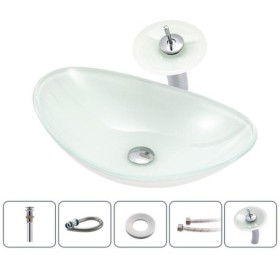 White Ingot Basin Tempered Glass Bathroom Countertop Waterfall Vessel Sink Tap Sink and Faucet Set