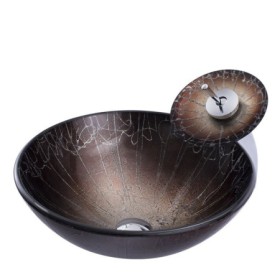 Round Tempered Glass Bathroom Sink with Archaistic Hand-drawing Basin and Waterfall Faucet