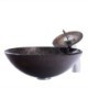 Round Tempered Glass Bathroom Sink with Archaistic Hand-drawing Basin and Waterfall Faucet