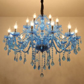 Esthetic Hotel Living Room Large Crystal Chandelier European Pendant Light Blue Color