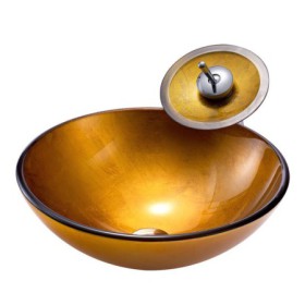 Modern Round Tempered Glass Vessel Sink in Gold with Waterfall Faucet