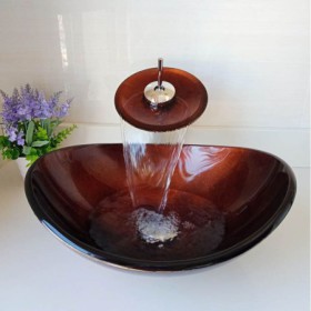 Dark Brown Retro Style Oval Tempered Glass Bathroom Sink With Waterfall Faucet Mounting Ring and Drain Set