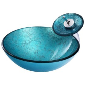 Modern Tempered Glass Bathroom Sink with Blue Round Basin and Waterfall Faucet