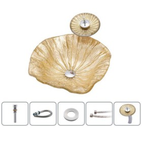 Lotus Leaf Shape Glass Basin Bathroom Countertop Waterfall Vessel Sink Tap Sink and Faucet Set