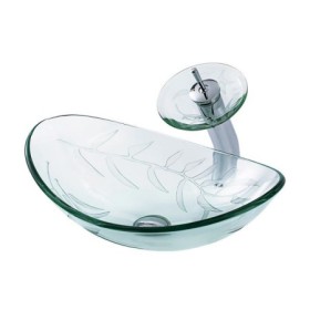 Transparent Tempered Glass Basin Waterfall Tap Vessel Sink Oval Sink and Faucet Set