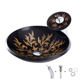 Waterfall Faucet with Modern Tempered Glass Basin Flower Pattern Round Vessel Sink