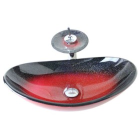 Modern Fashion Oval Red Tempered Glass Vessel Sink with Mounting Ring for Waterfall Faucet and Water Drain Set