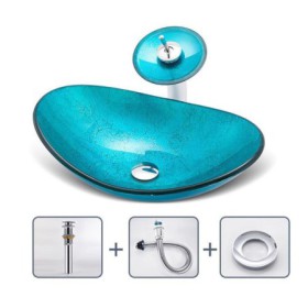 Bule Color Ingot Glass Basin Bathroom Countertop Waterfall Vessel Sink Tap Sink and Faucet Set
