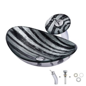 Yuanbao Special Stripes Basin Tempered Glass Vessel Sink with Waterfall Faucet