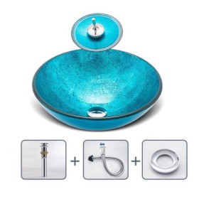 Blue Color Basin Bathroom Countertop Waterfall Vessel Sink Tap Round Sink and Faucet Set
