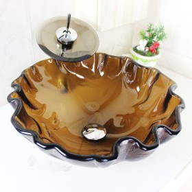Waterfall Faucet Water Drain Mounting Ring Modern Round Wave Rim Brown Tempered Glass Sink and Faucet Sets