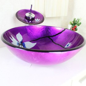 Waterfall Faucet Water Drain Mounting Ring Modern Round Floral Pattern Tempered Glass Sink and Faucet Sets
