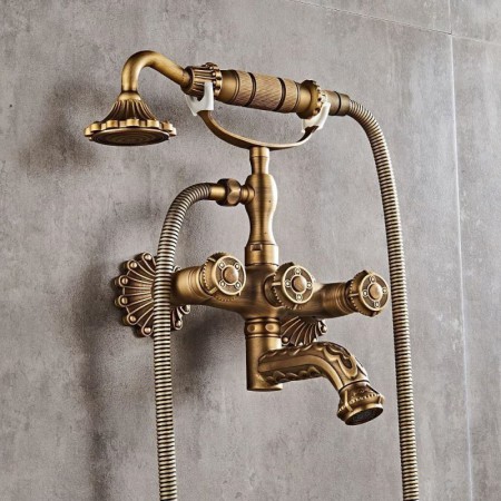 Bathtub Shower Faucets Set Three Knobs Mixer Tap Wall Mounted Bath Shower Set in Antique Brass