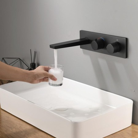 Black Wall Mounted Brass Dual Handle Mixer Thermostatic Bathroom Faucet