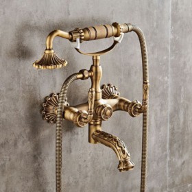 Wall Mounted Tub Mixer with Hand Sprayer in Antique Brushed Brass Clawfoot Bathtub Faucet