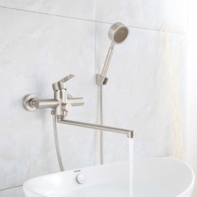 Bathtub Faucet in Brushed Stainless Steel with Wall Mounted Supercharged Handheld Shower