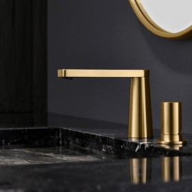 Deck Mounted Golden Brass Basin Mixer Tap Bathroom Countertop Faucet