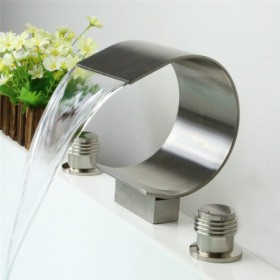 Brushed Nickel Thin Moon Shape Tub Faucet Deck Mount Waterfall Bathtub Tap