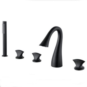 Deck Mounted Tap Modern Black Bathtub Faucet Triple Handles Bathroom Tub Tap