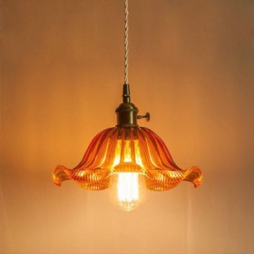Dining Room Living Room Hallway Light Vintage Colorful Ribbed Glass Pendant Light Flower Shade Lamp With Twist Switch