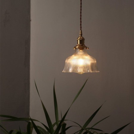 Dome Large Clear Ribbed Glass Pendant Light with Twist Switch in Brass Holder